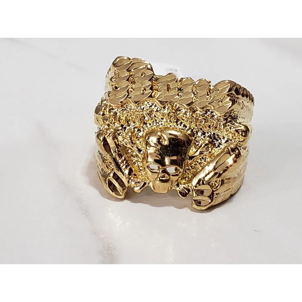 NEW SIZE 10 GOLD‎ TONE GOLD PLATED SKULL GUN BIKER RING NUGGET STATEMENT GOTHIC